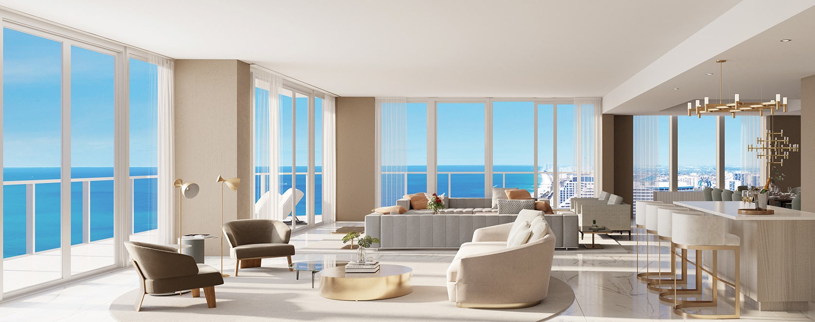 interior rendering of great room in penthouse 1 east