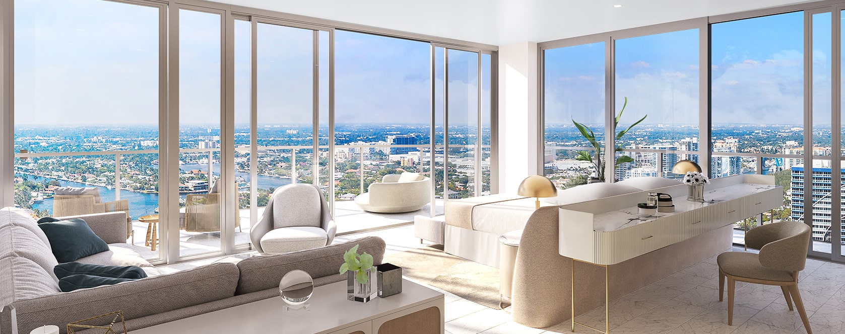 interior rendering of great room with views