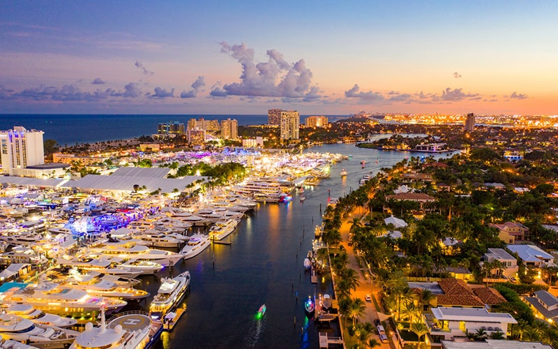 aerial at sunset of the fort lauderdale international boat show