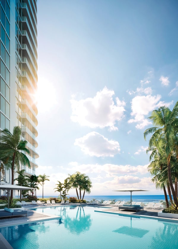 exterior rendering of the selene condo and pool