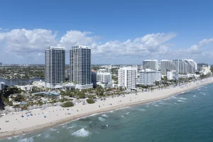 Aerial drone view of Selene Fort Lauderdale towers from the ocean