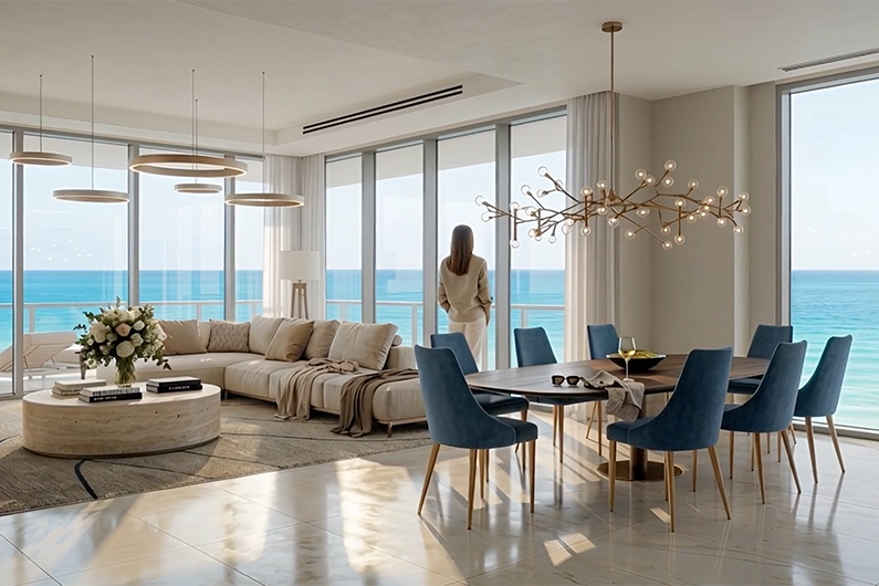 Modern oceanfront living room with large windows, dining table, and person looking at the sea