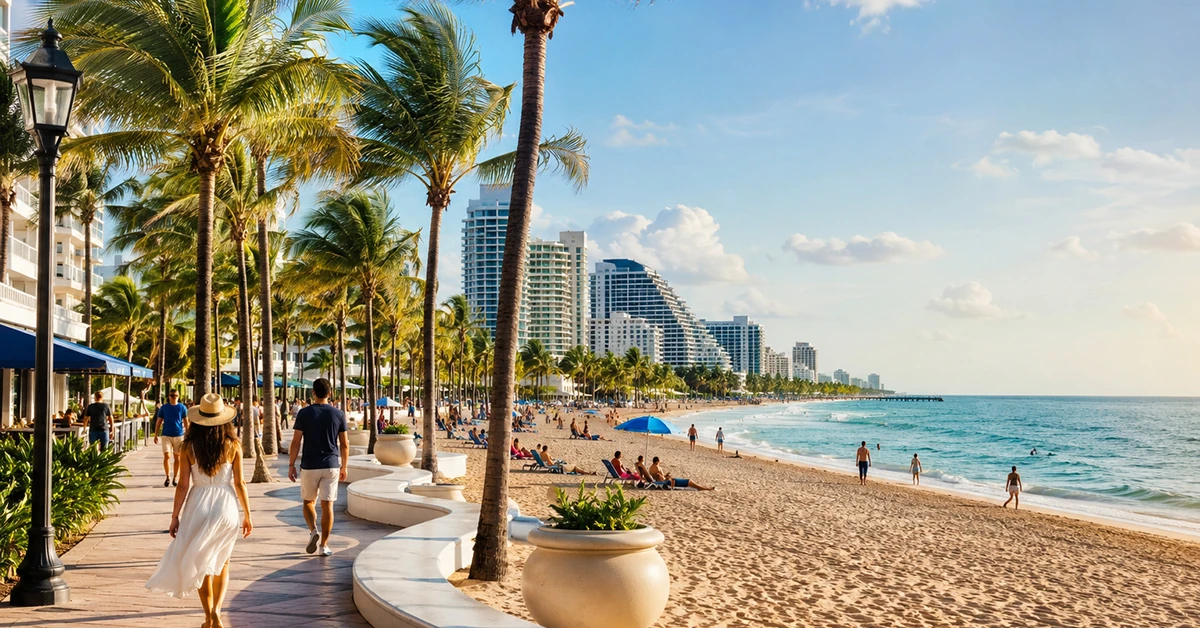 Palm-lined beachfront promenade with people walking beside the ocean in Fort Lauderdale.