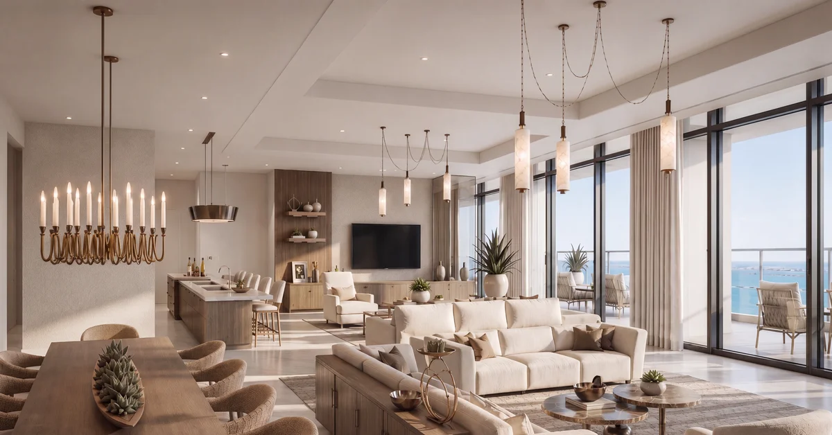 Rendering of a dining room with a long wood table and brass candle chandelier, opening to a living room with a cream sofa and glass doors overlooking the ocean.