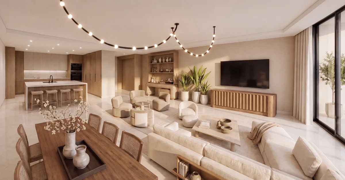Rendering of an open living and dining room in cream and light wood tones, with round swivel chairs, a sectional sofa, a wood dining table, and a kitchen visible in the background.