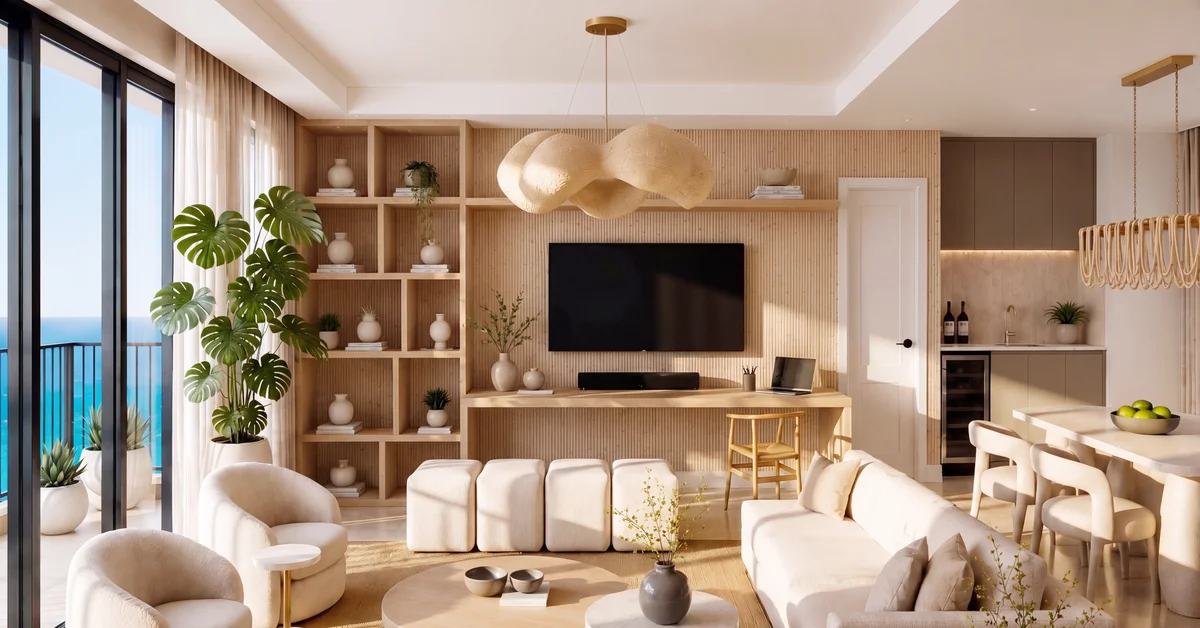 Rendering of a living room with light wood paneling, a wall-mounted TV, cream sectional sofa, and floor-to-ceiling glass doors opening to a balcony with an ocean view.
